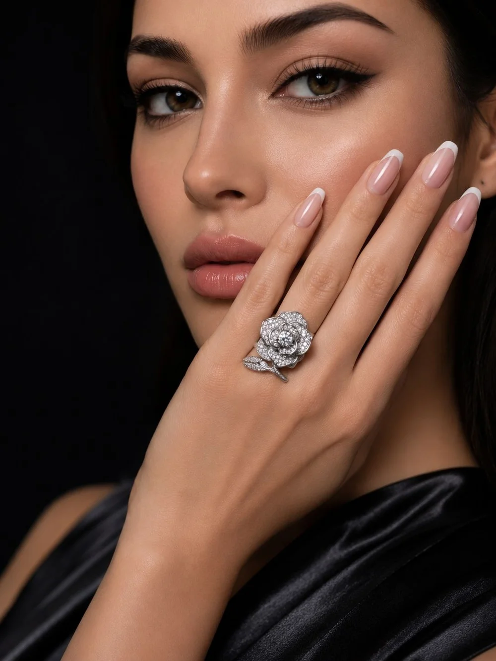 Silver Crystal Rose Statement Ring | Luxe Floral Cocktail Ring | Sparkling Rhine - Picture 3 of 7